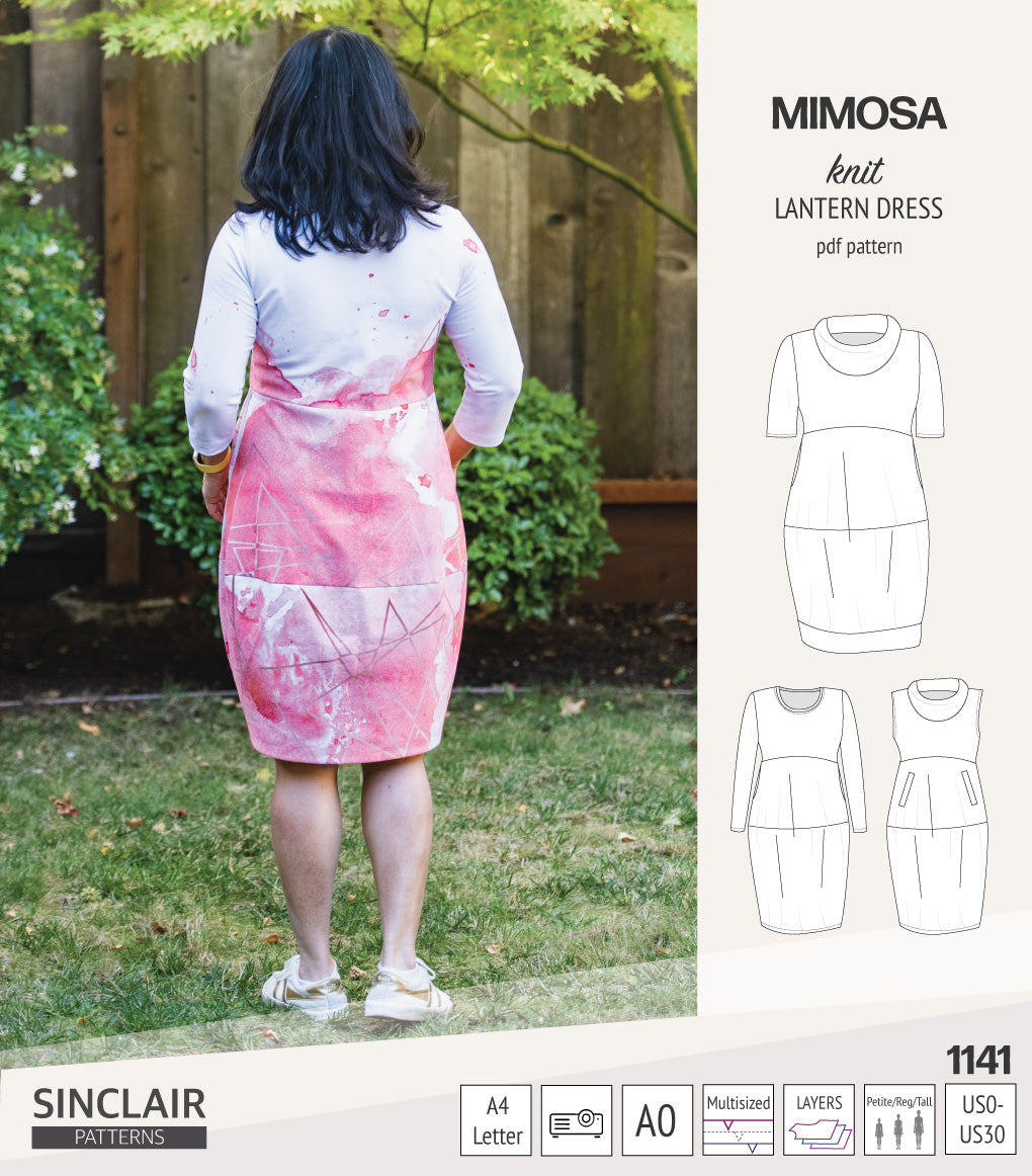 Mimosa lantern style knit dress with a cowl and pockets (PDF)