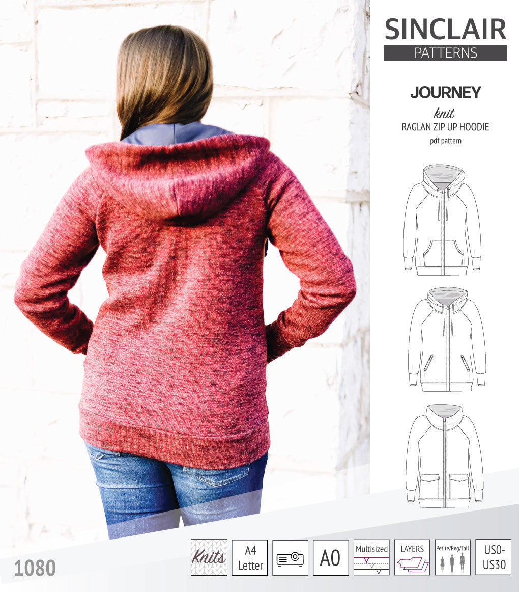 Journey zip up knit raglan hoodie with different pocket styles (PDF)