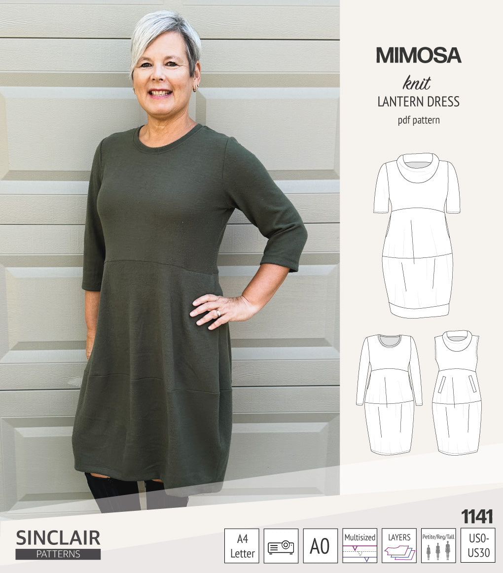 Mimosa lantern style knit dress with a cowl and pockets (PDF)