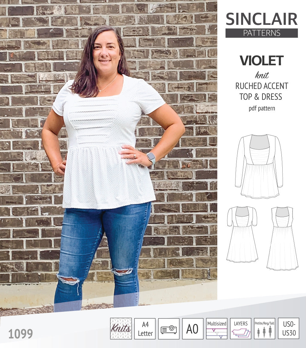 Violet ruched front accent top, tunic and dress for knit fabrics (PDF)