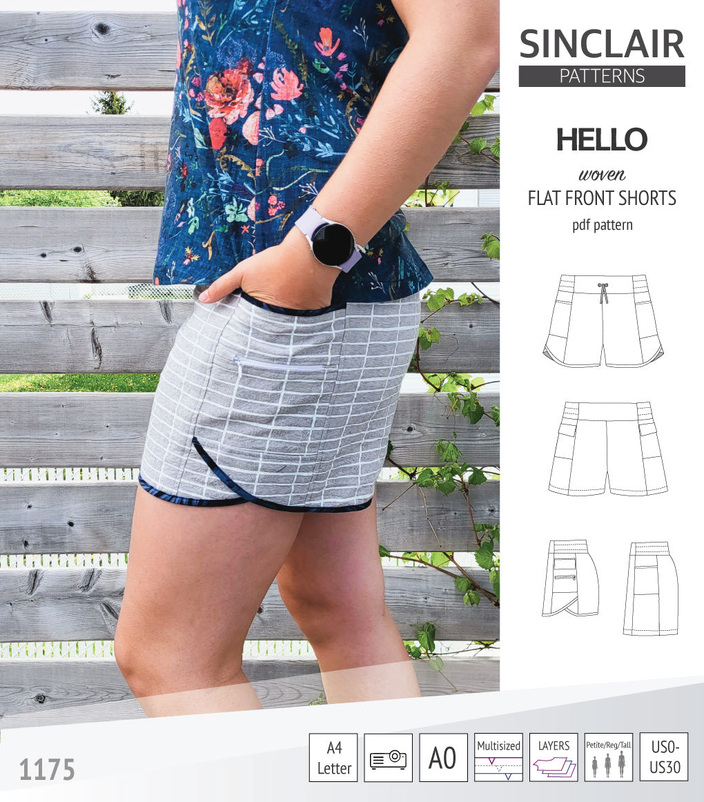 Hello flat front elastic back woven shorts with side panels (PDF)