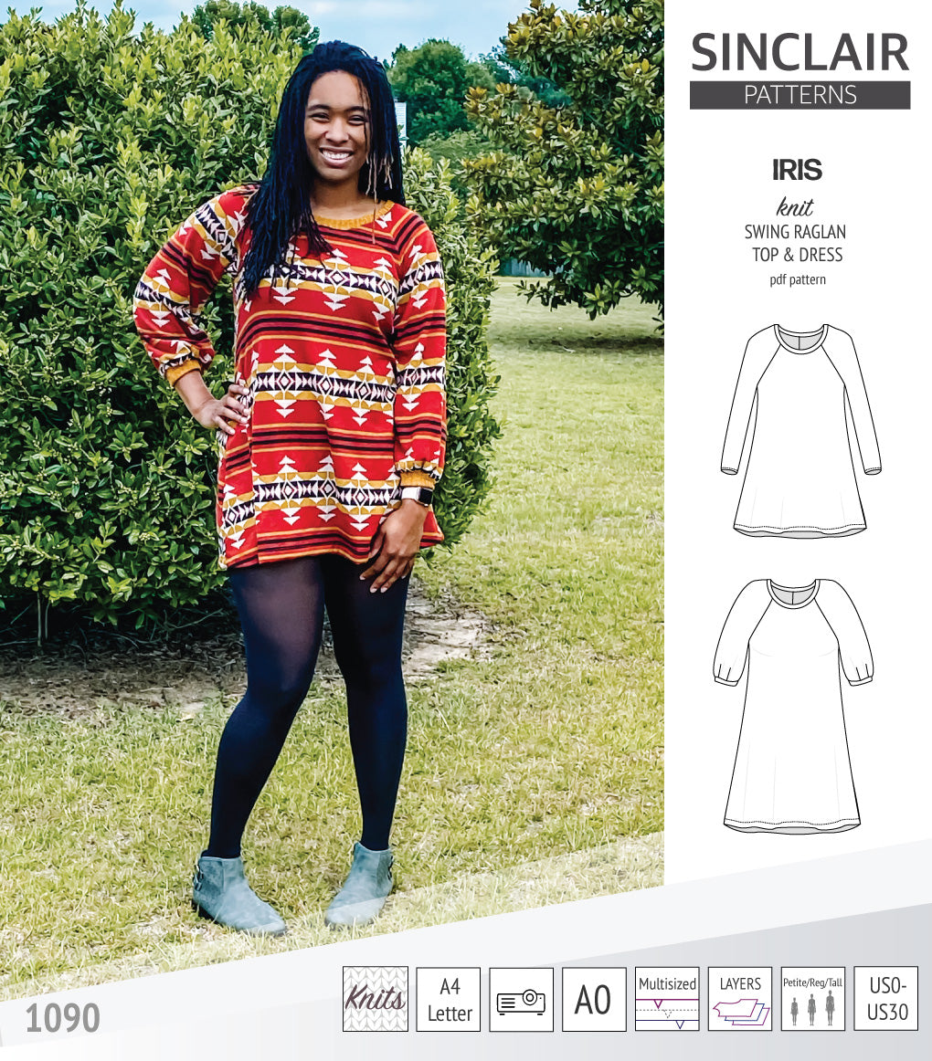 Iris raglan swing top, tunic and dress for knit fabrics (PDF)