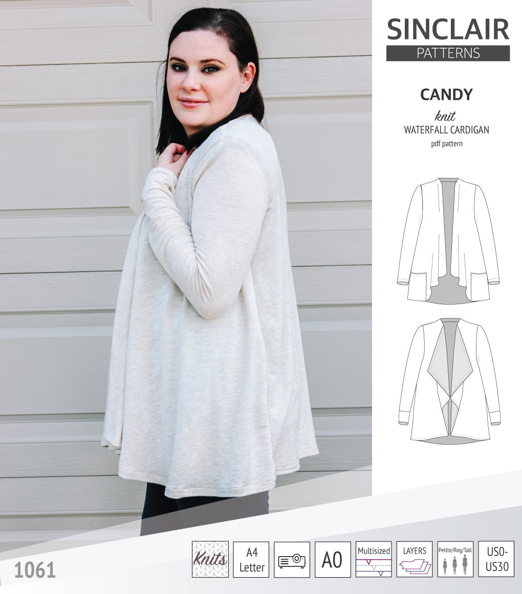 Candy relaxed fit knit cardigan with pockets and waterfall neckline (PDF)