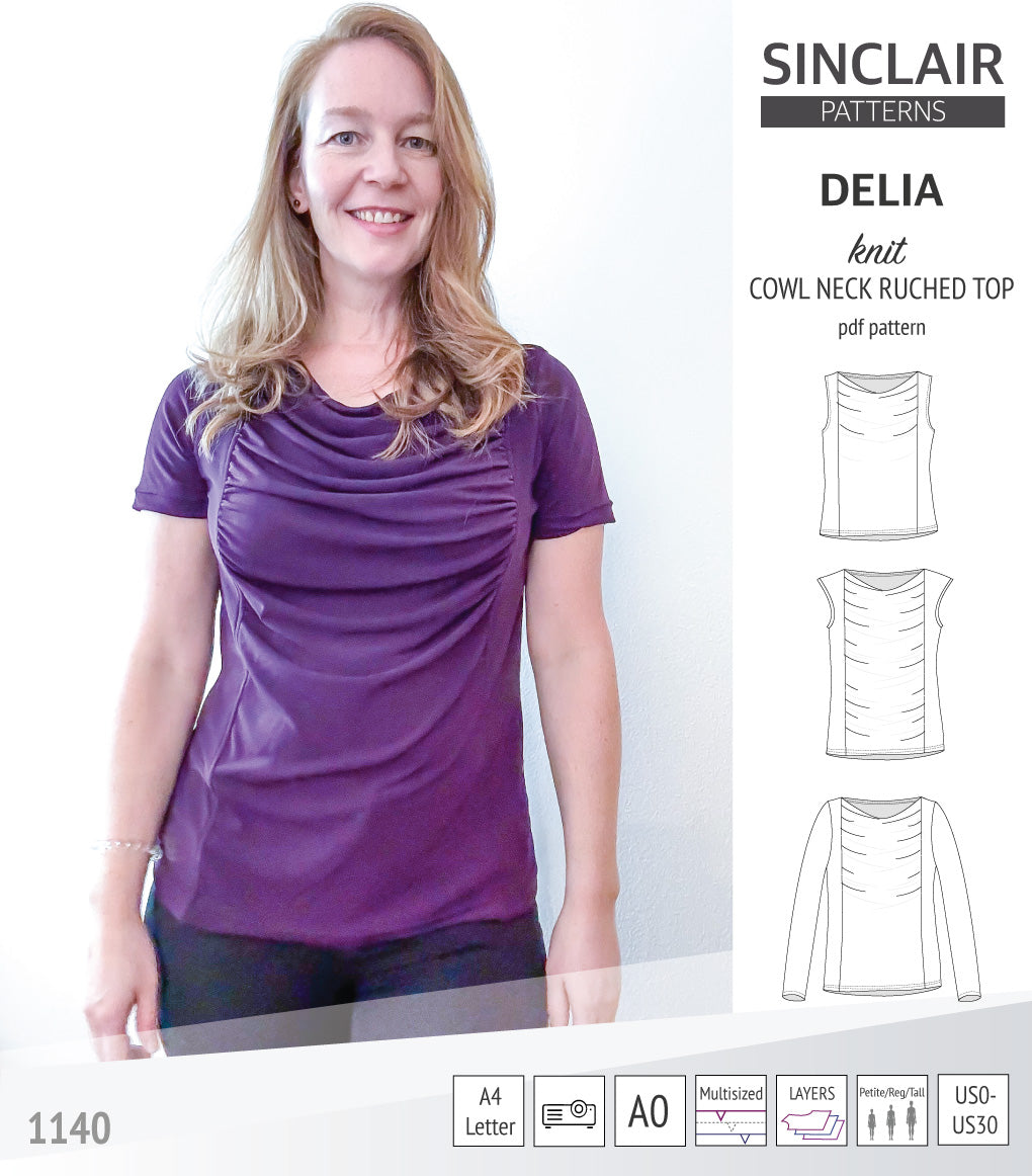 Delia cowl style neckline ruched front knit top (PDF)
