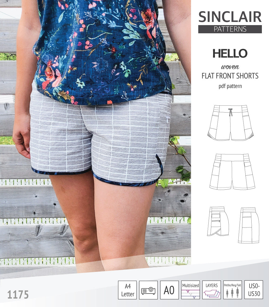 Hello flat front elastic back woven shorts with side panels (PDF)