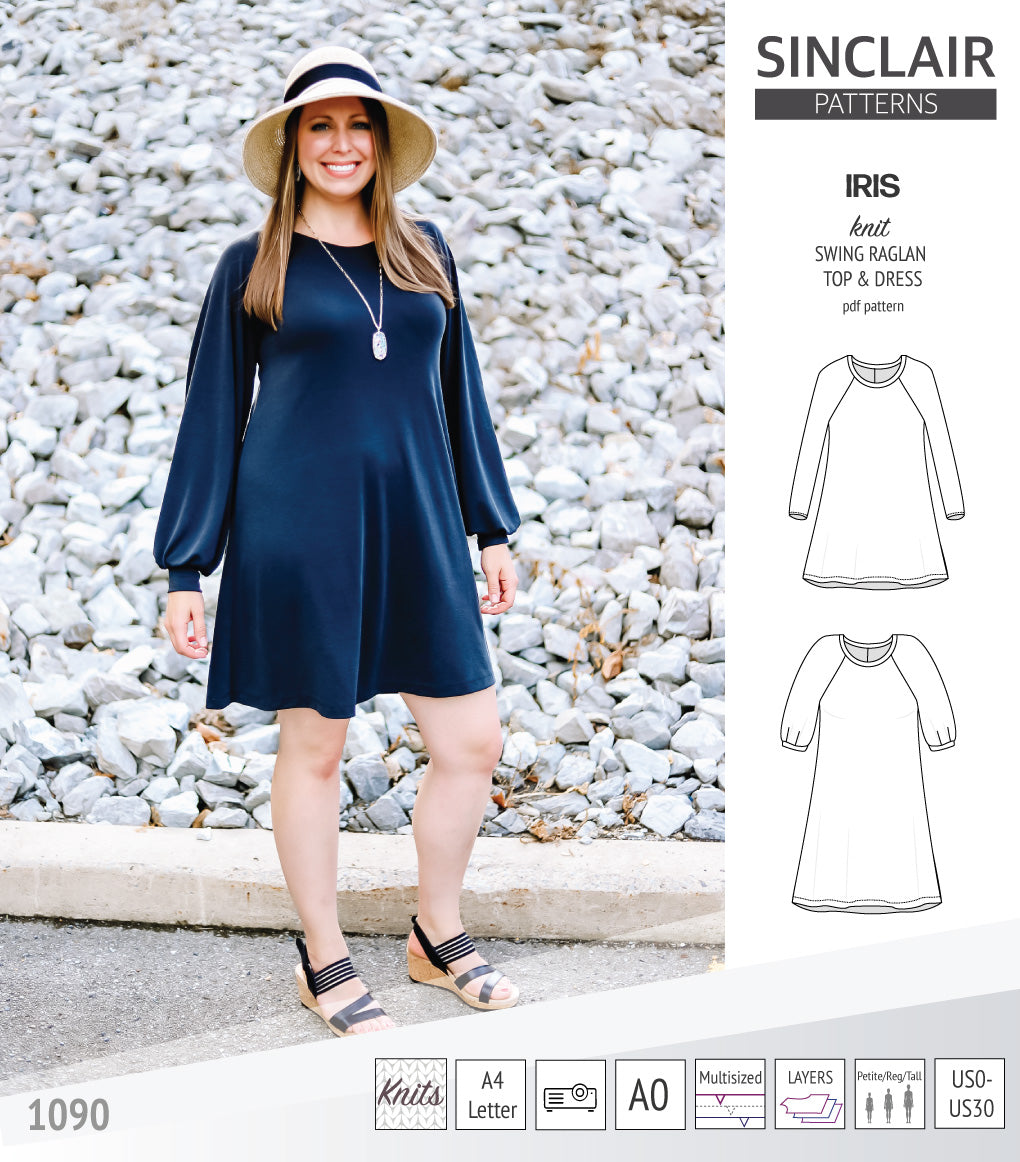 Iris raglan swing top, tunic and dress for knit fabrics (PDF)