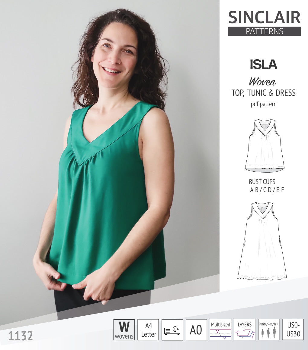 Isla V-neck sleeveless top, tunic and dress for woven and knit fabrics (PDF)