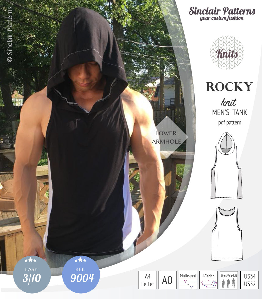 Rocky semi fitted knit tank with optional panels and a hood for men (PDF)