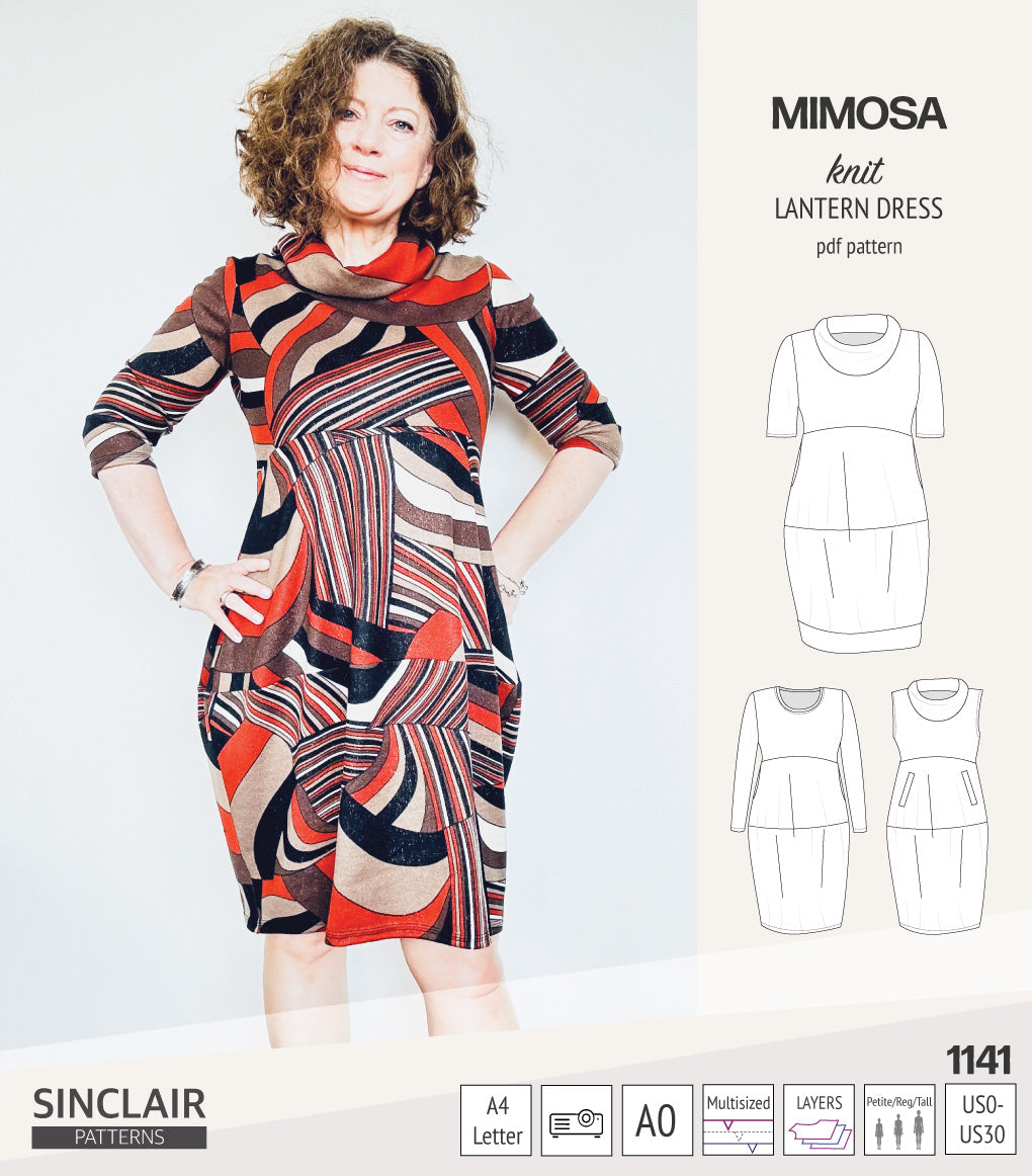 Mimosa lantern style knit dress with a cowl and pockets (PDF)