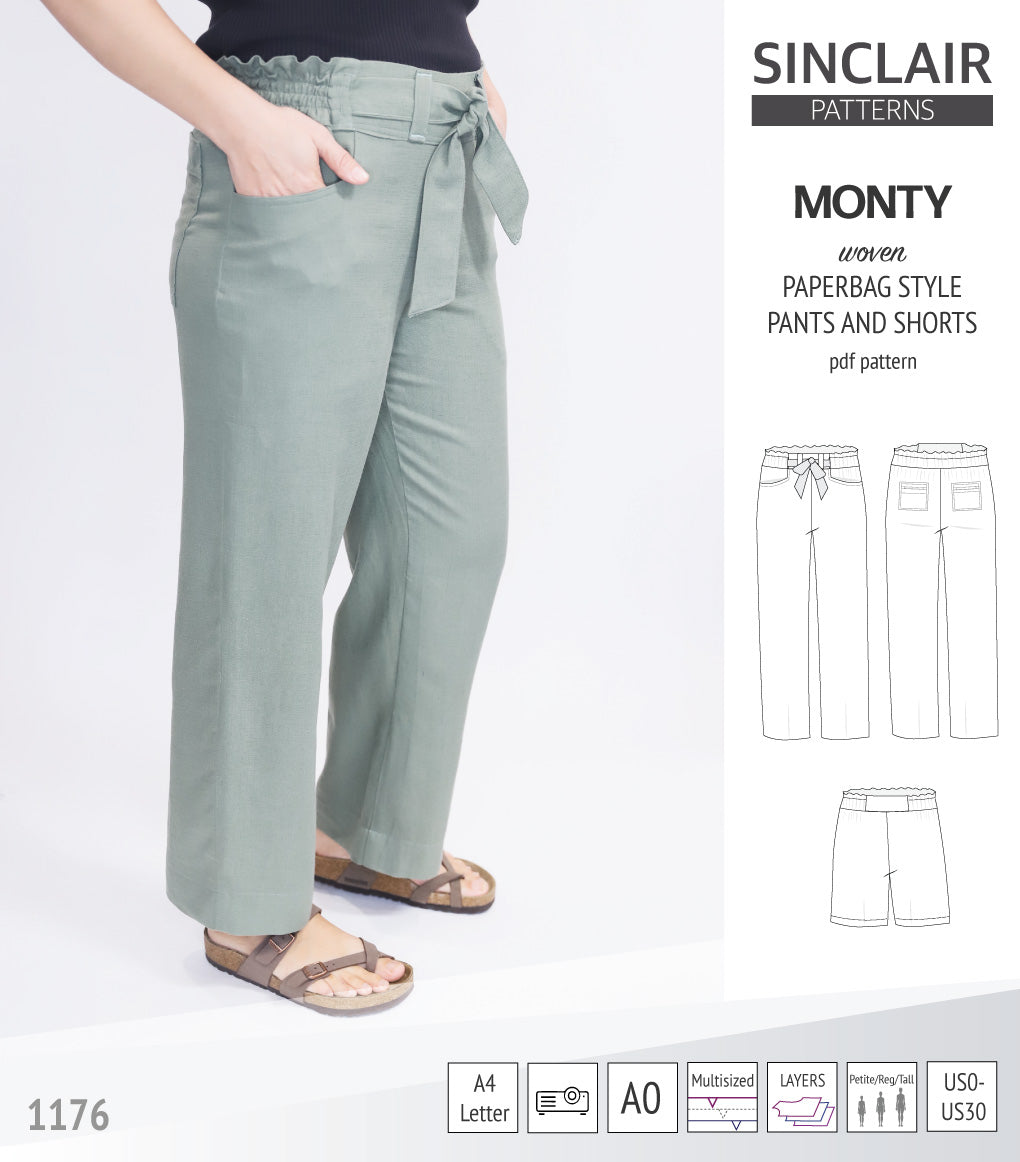 Monty paperbag style woven pants and shorts with ties (PDF)