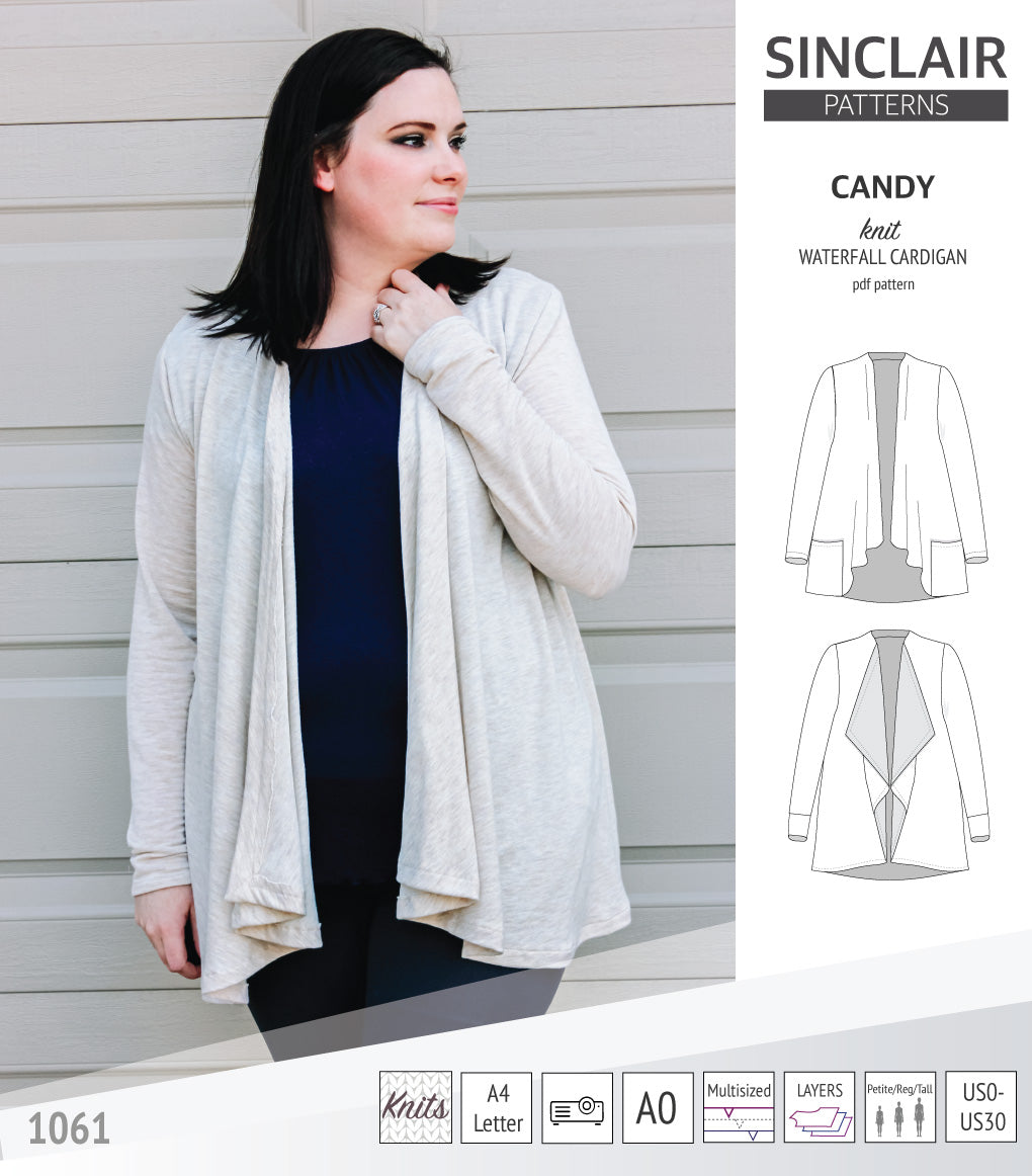 Candy relaxed fit knit cardigan with pockets and waterfall neckline (PDF)