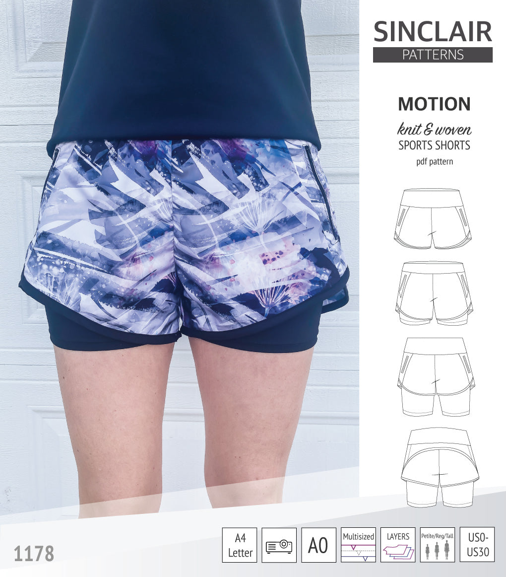 Motion woven sports shorts with contoured yoga waistband and underlay shorties (PDF)