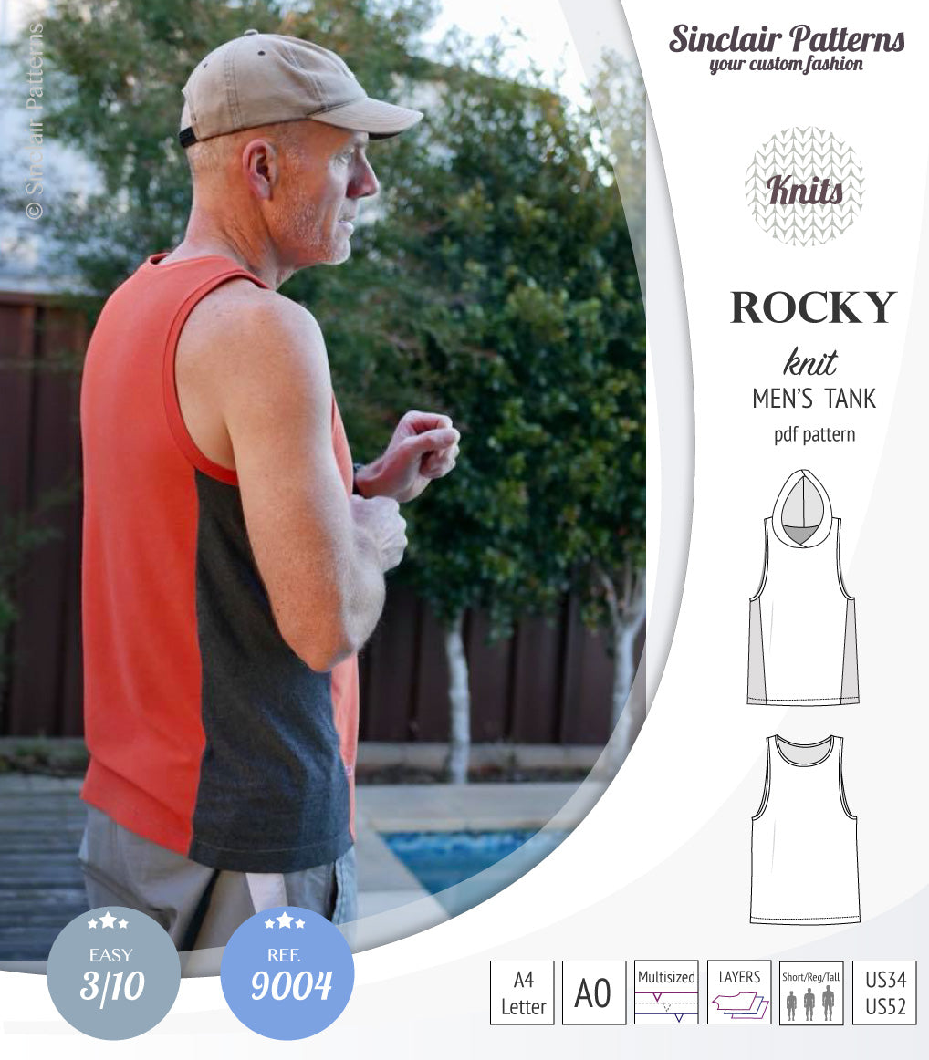 Rocky semi fitted knit tank with optional panels and a hood for men (PDF)