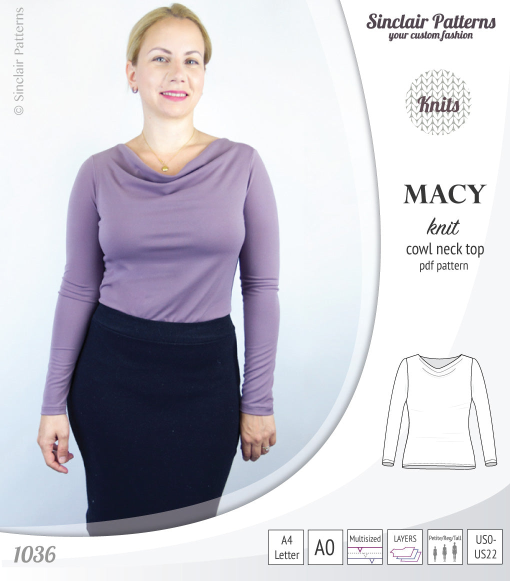 Macy knit semi fitted cowl neck top (PDF)