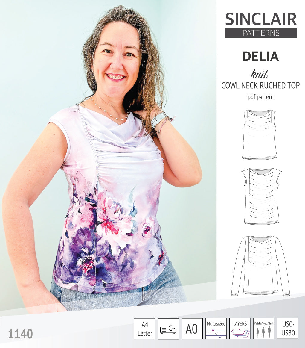 Delia cowl style neckline ruched front knit top (PDF)