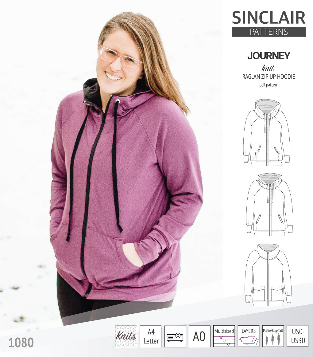 Journey zip up knit raglan hoodie with different pocket styles (PDF)