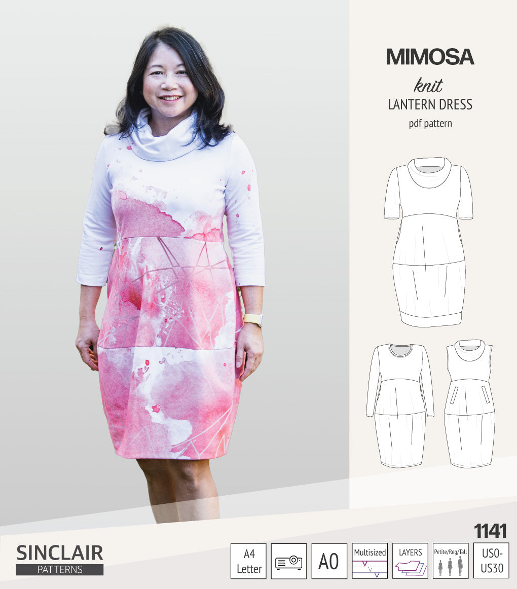 Mimosa lantern style knit dress with a cowl and pockets (PDF)