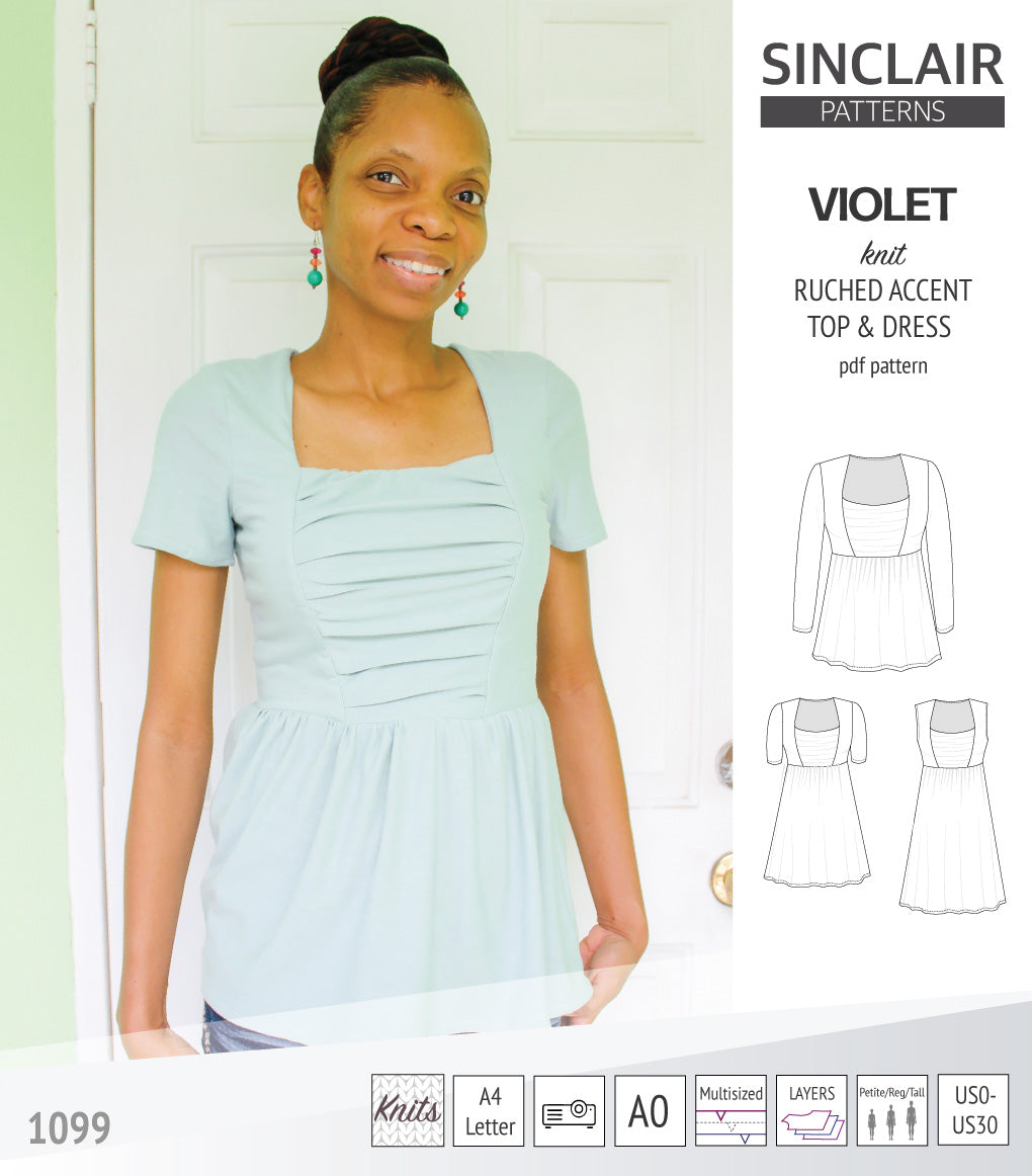Violet ruched front accent top, tunic and dress for knit fabrics (PDF)