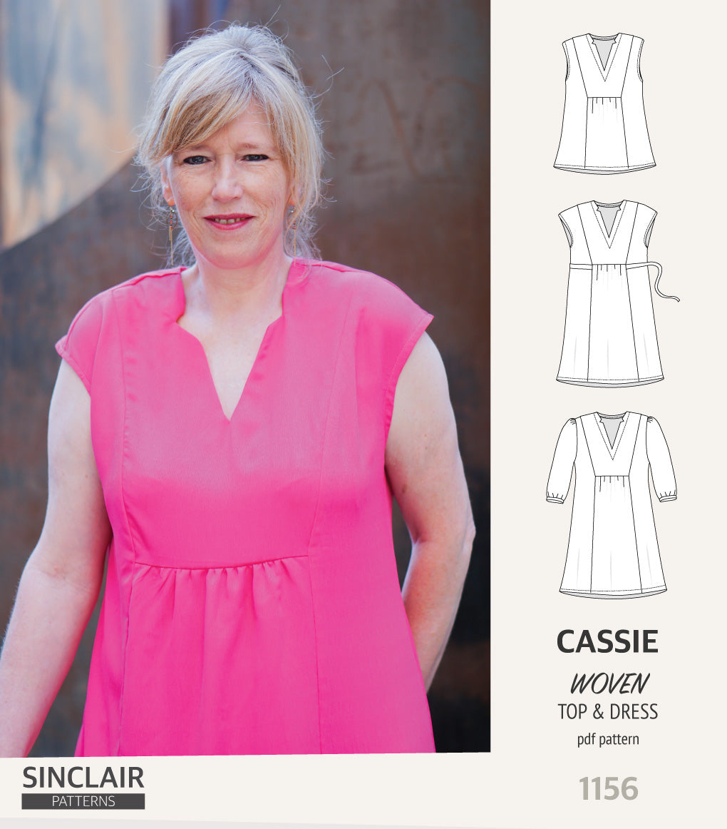 Cassie V neckline top and dress for woven fabrics (PDF)