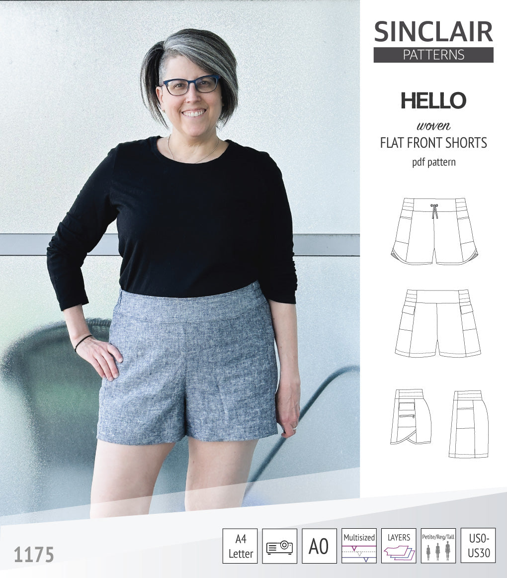 Hello flat front elastic back woven shorts with side panels (PDF)