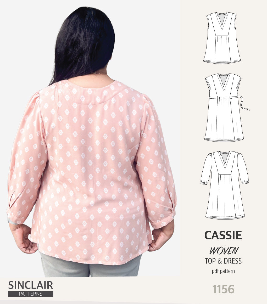 Cassie V neckline top and dress for woven fabrics (PDF)
