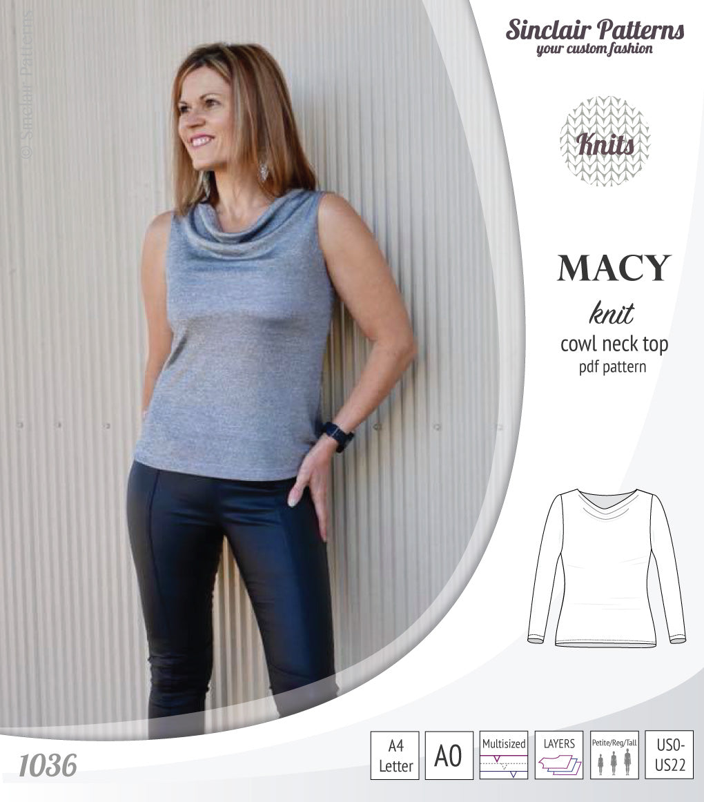 Macy knit semi fitted cowl neck top (PDF)