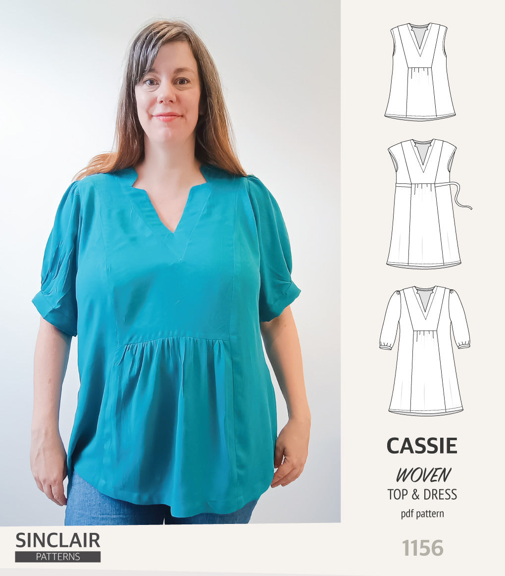 Cassie V neckline top and dress for woven fabrics (PDF)