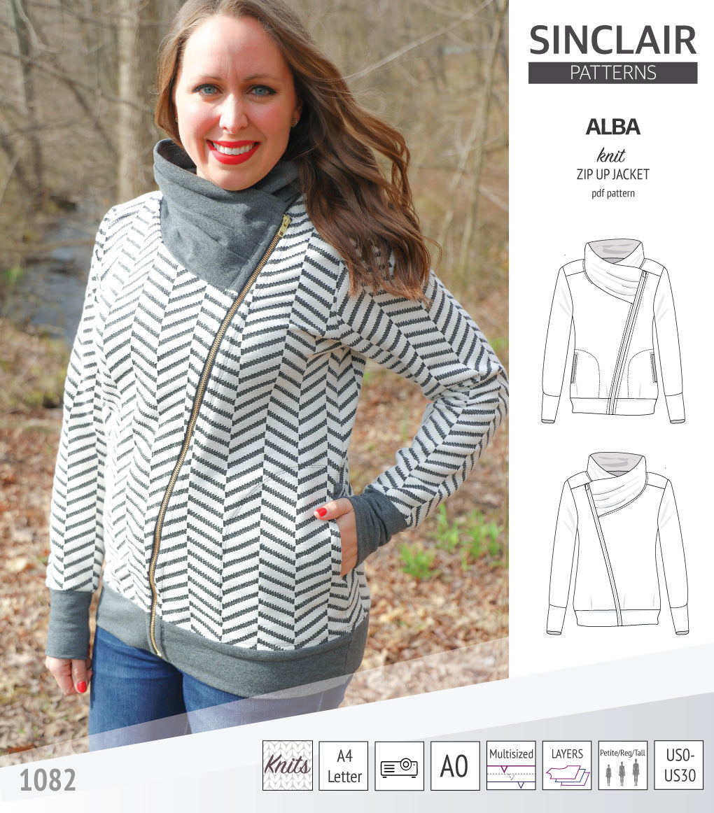Alba zip up knit asymmetrical jacket with a cowl and side pockets (PDF)
