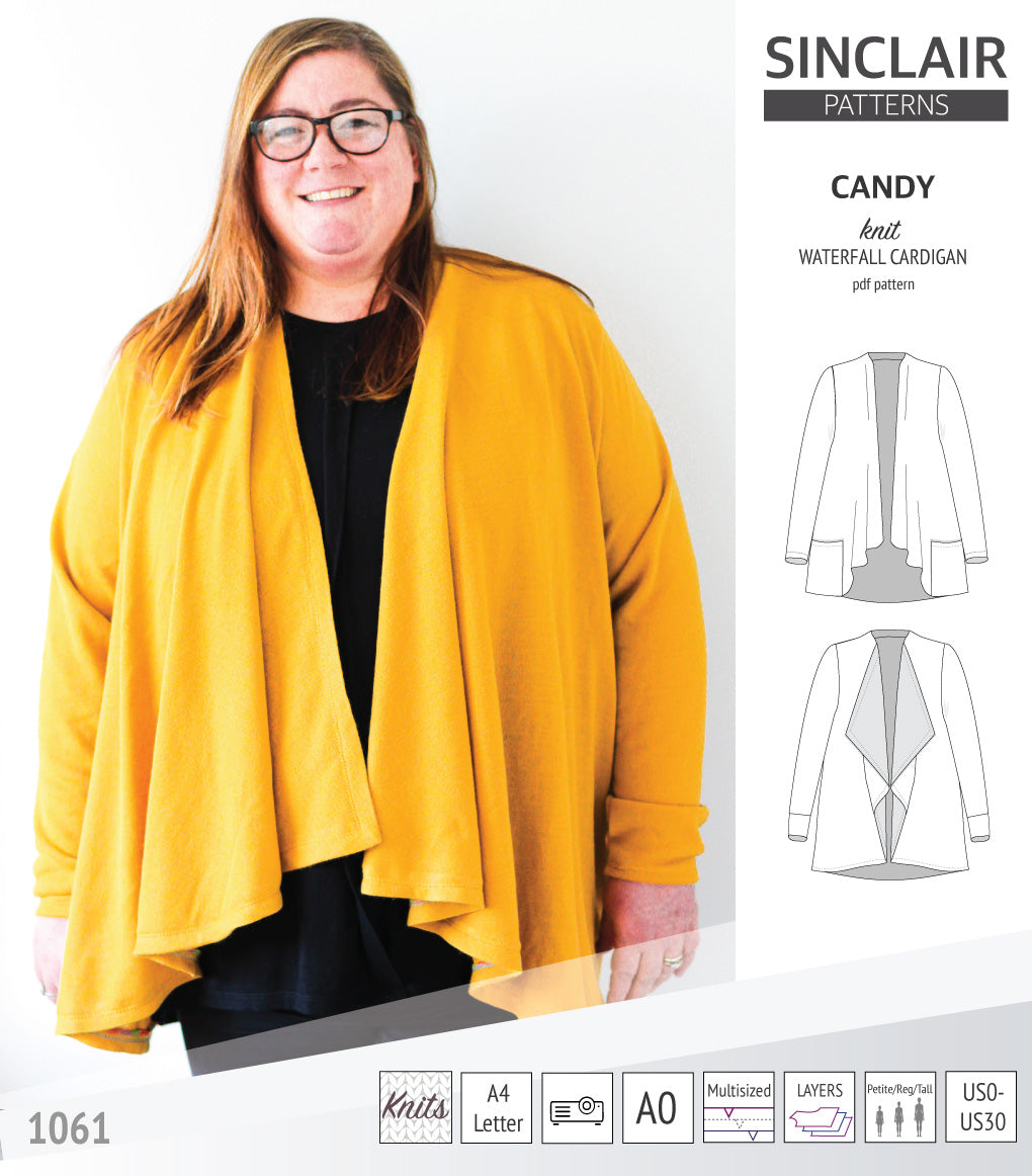 Candy relaxed fit knit cardigan with pockets and waterfall neckline (PDF)