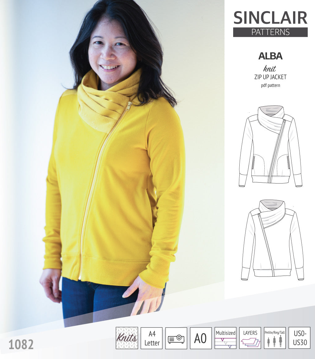 Alba zip up knit asymmetrical jacket with a cowl and side pockets (PDF)