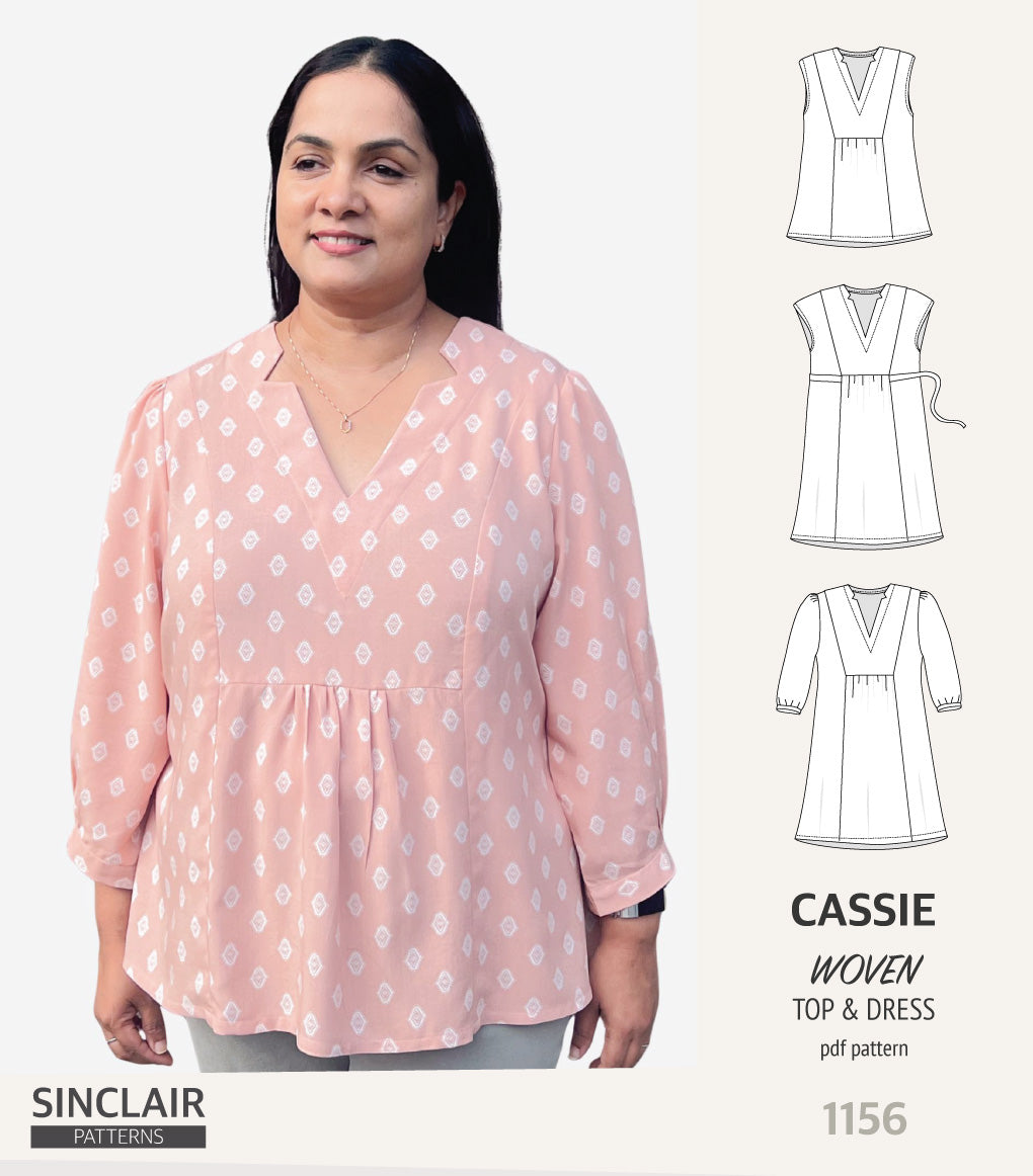 Cassie V neckline top and dress for woven fabrics (PDF)