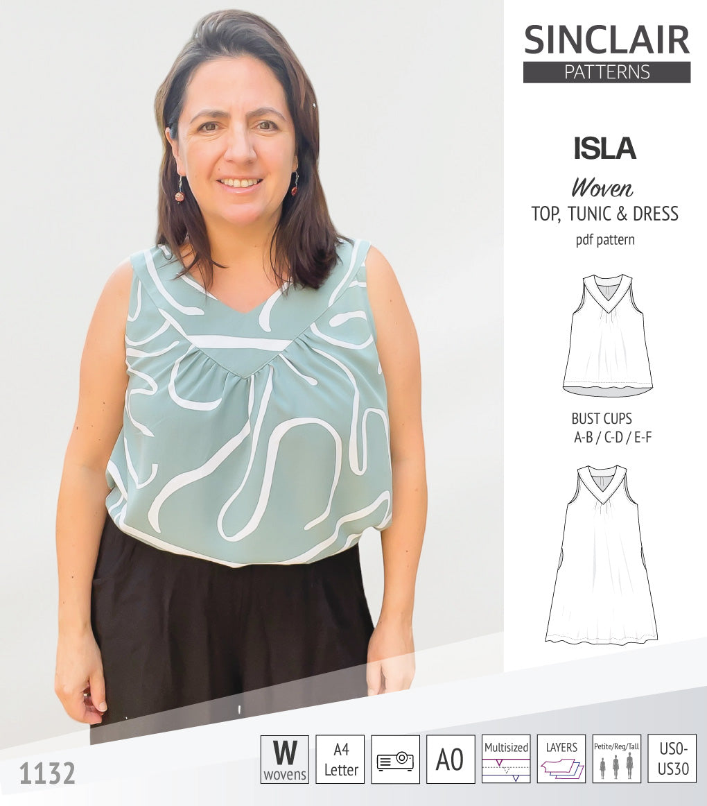 Isla V-neck sleeveless top, tunic and dress for woven and knit fabrics (PDF)