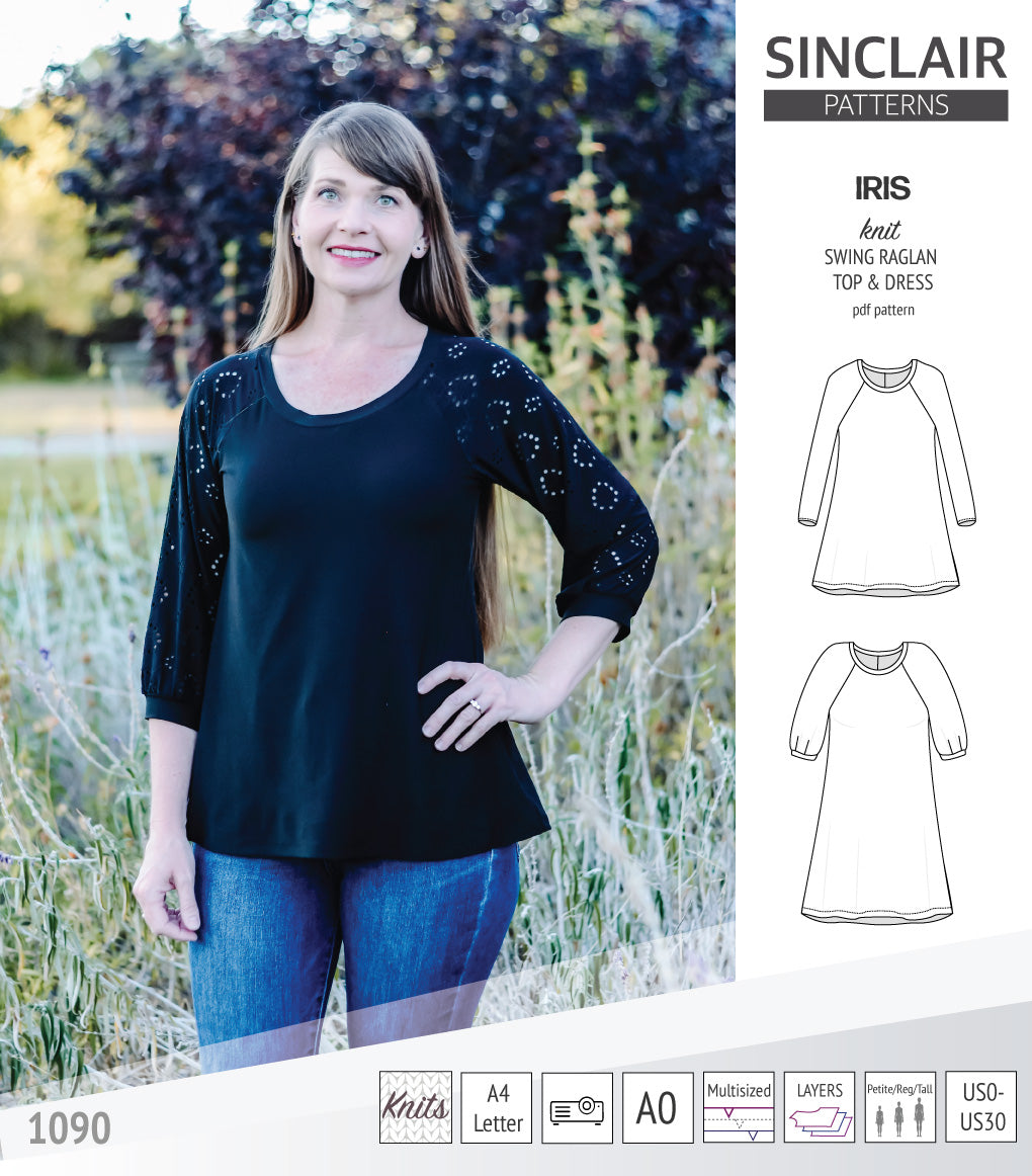 Iris raglan swing top, tunic and dress for knit fabrics (PDF)