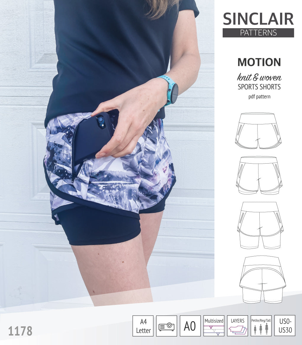 Motion woven sports shorts with contoured yoga waistband and underlay shorties (PDF)
