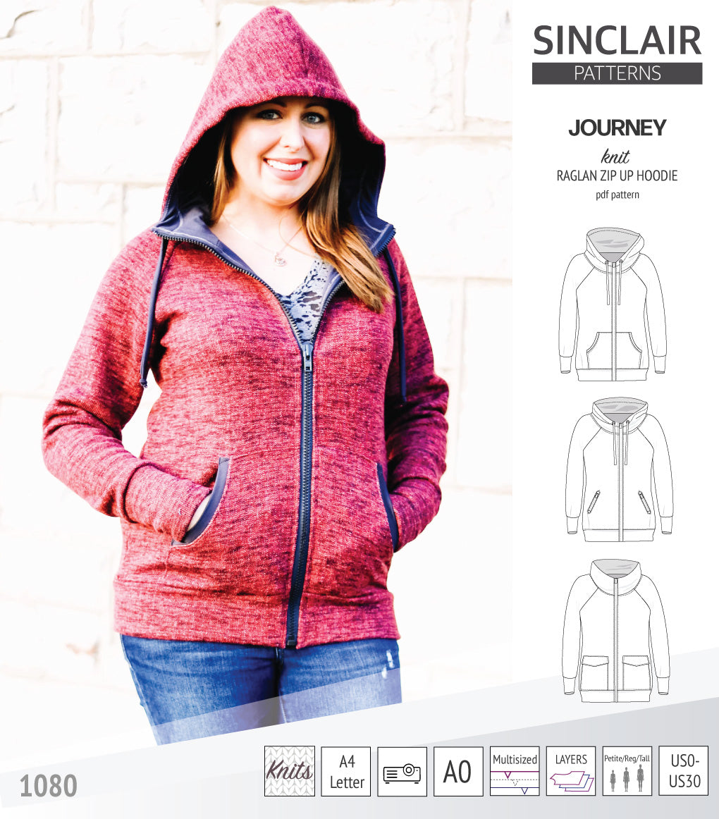 Journey zip up knit raglan hoodie with different pocket styles (PDF)