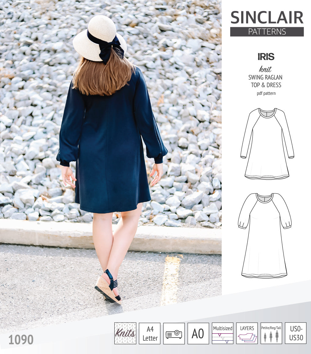 Iris raglan swing top, tunic and dress for knit fabrics (PDF)