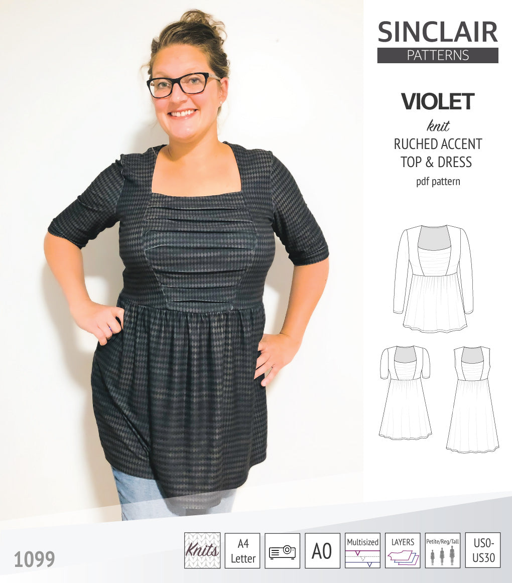 Violet ruched front accent top, tunic and dress for knit fabrics (PDF)