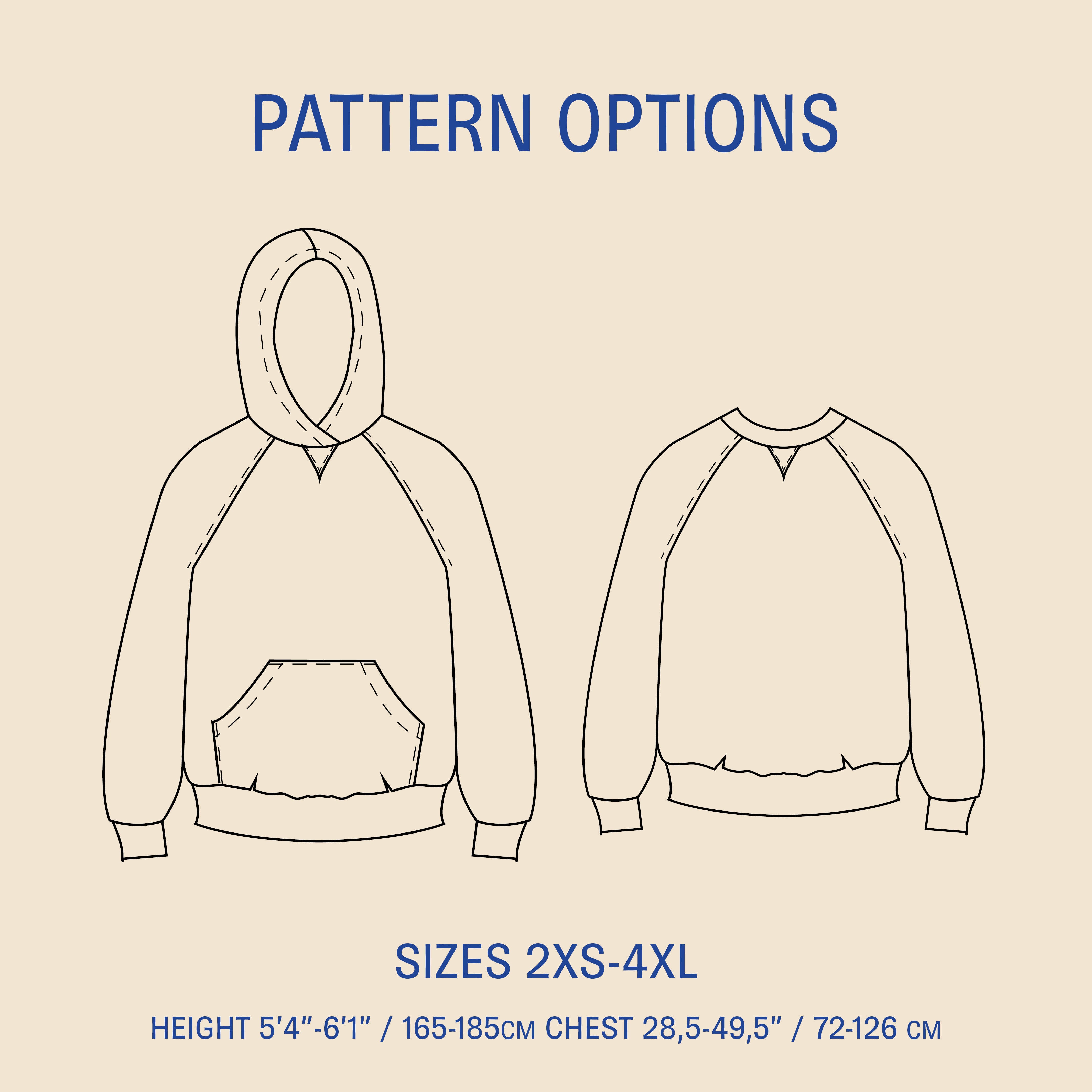 Hoodie Sewing Pattern- Sizes 2XS-4XL